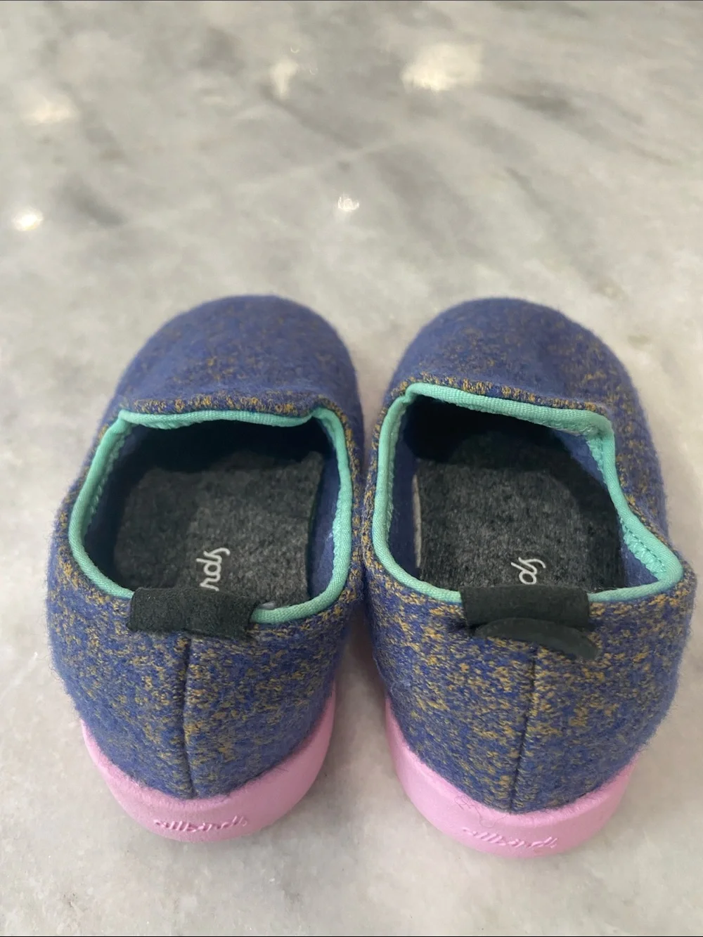 allbirds Kids Slip-On Wool Slippers in Blue with Mint Trim and Pink Soles